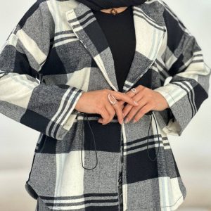 کت چهار خونه کمر گتر- کت زنانه رنگ مشکی آبی