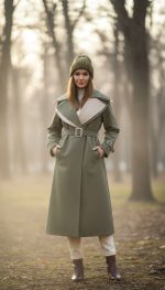بارانی دو یقه ترکیبی زنانه رنگ زیتونی