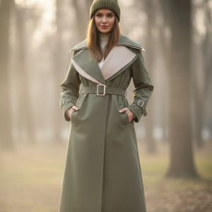 بارانی دو یقه ترکیبی زنانه رنگ زیتونی