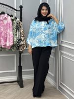شومیز آبرنگی پلنگی جنس پفکی رنگ آبی