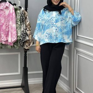 شومیز آبرنگی پلنگی جنس پفکی رنگ آبی