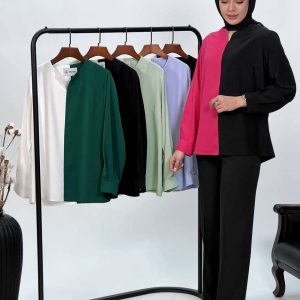 شومیز و‌کمربند آیلین - شومیز کرپ الیزه درجه یک رنگ سرخابی