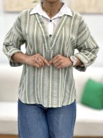 شومیز زنانه یقه سفید راه راه رنگ سبز