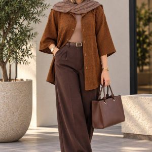 مانتو ژاکارد شیشه ای رنگ شتری